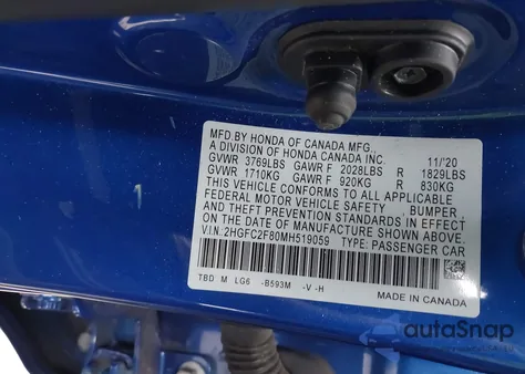 2021 Honda Civic Sport from USA, damaged, VIN 2HGFC2F80MH519059